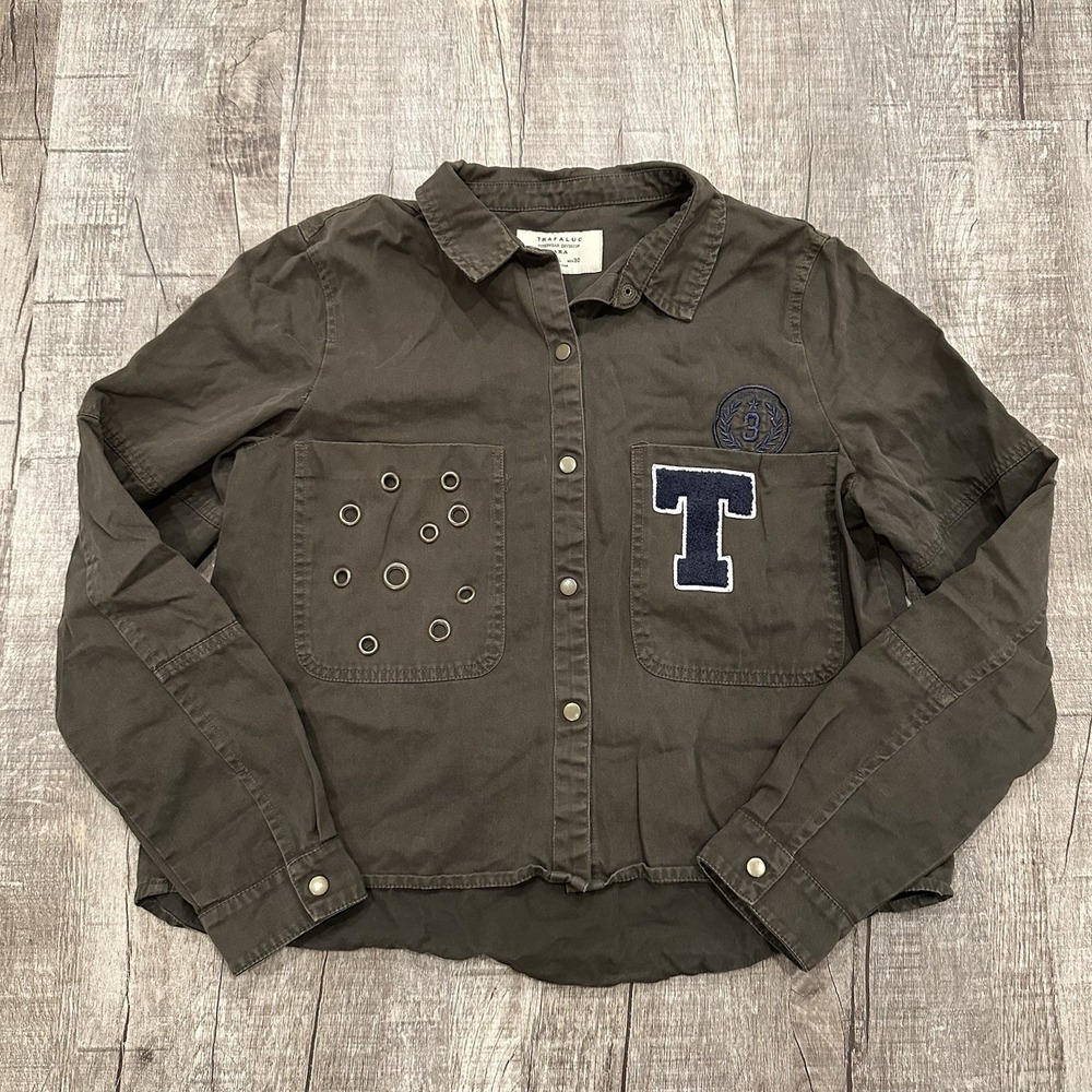 Zara Trafaluc TRF Army Green Utility Jacket Varsity Patch Eyelet Pocket Womens L